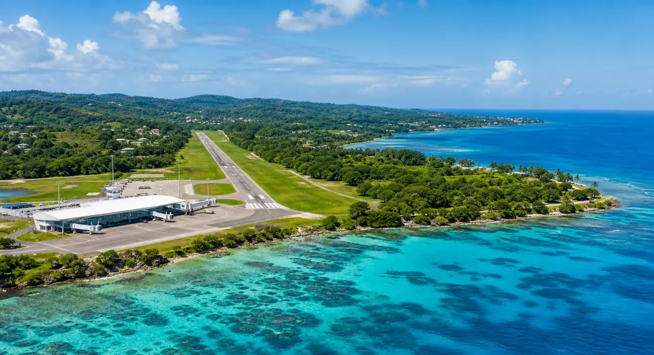 Vista aérea del Aeropuerto Internacional Juan Manuel Gálvez en Roatán